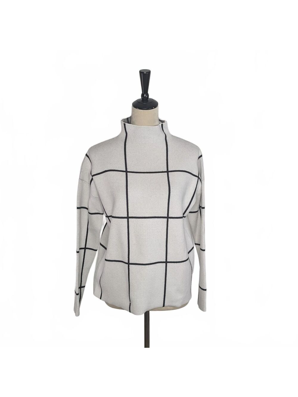 Cynthia Rowley M Ivory Windowpane Grid Sweater Minimalist Chic Clean Mod 80s